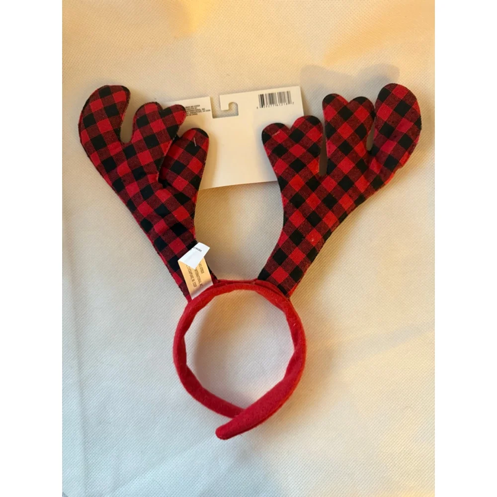 NWT Christmas House Deer Antlers Buffalo Check Plaid Headband